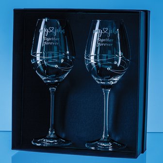 2 Diamante Wine Glasses with Spiral Design Cutting in an attractive Gift Box