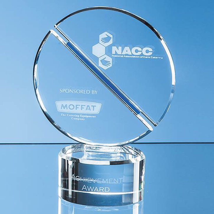 21cm Optical Crystal Mounted Circle Award with a Single Diagonal Cobalt Blue Line